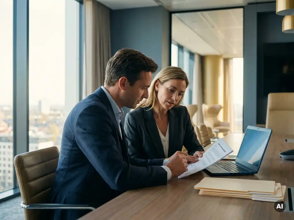 Financieel adviseur en directeur bespreken deelnameovereenkomst aan vergadertafel in modern Nederlands kantoor met daglicht.