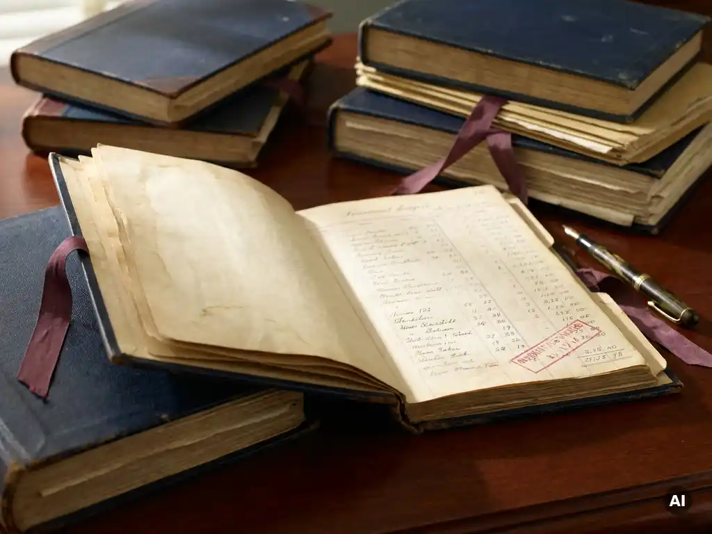 Stapel financiële grootboeken en dividenddocumenten op mahonihouten bureau, met opengeslagen map met aandeelhoudersgegevens en rood administratief stempel.
