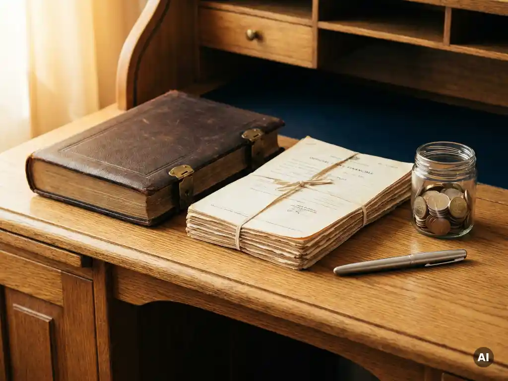 Eiken bureau met leren grootboek, officiële financiële documenten, glazen pot met euromunten en zilveren pen in warm ochtendlicht.