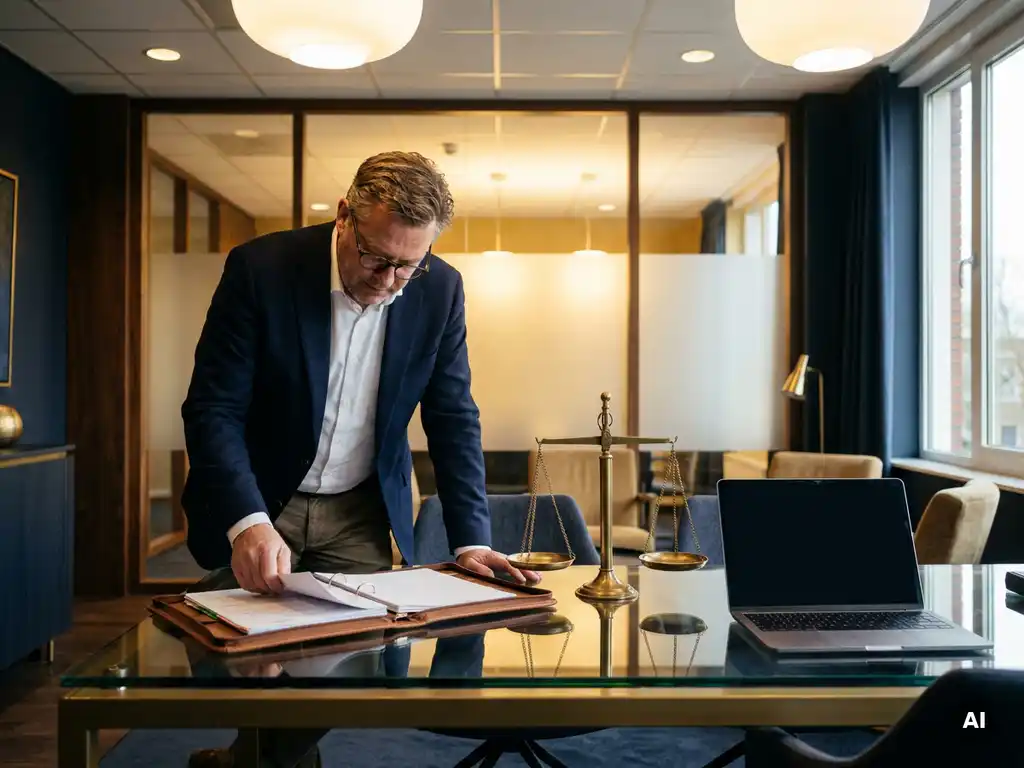 Financieel adviseur bestudeert portfoliomap naast laptop en messing weegschaal op glazen bureau in modern kantoor.