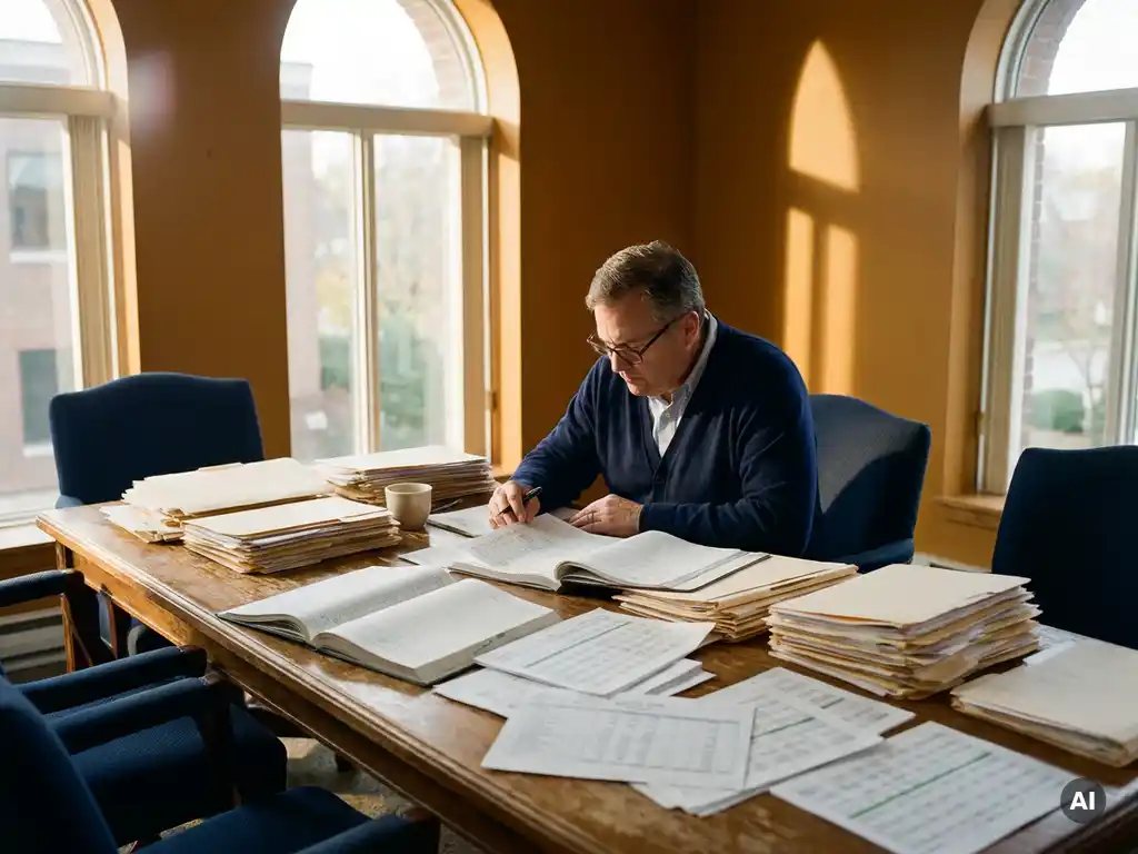 Financieel administrateur aan rommelig bureau bezaaid met aandeelcertificaten, spreadsheets en stapels ordners in warm kantoorlicht.