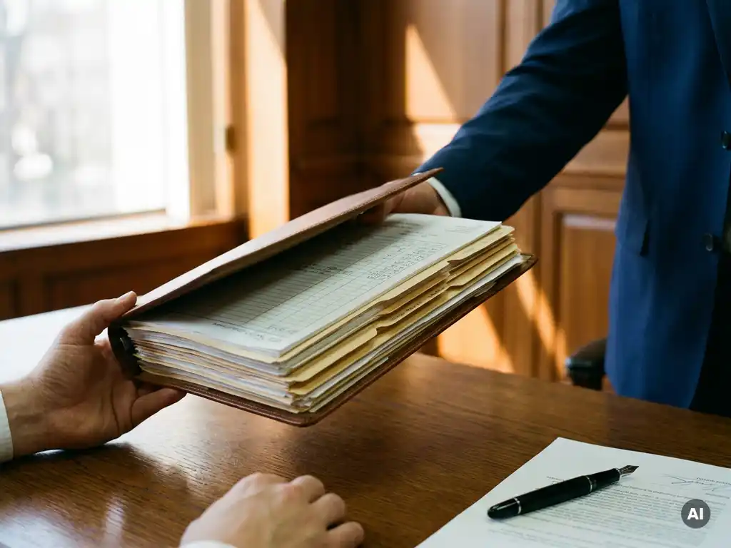 Financiële administratiemap die wordt overhandigd aan een bureau, met ondertekende documenten en een pen, in warme kantooromgeving.