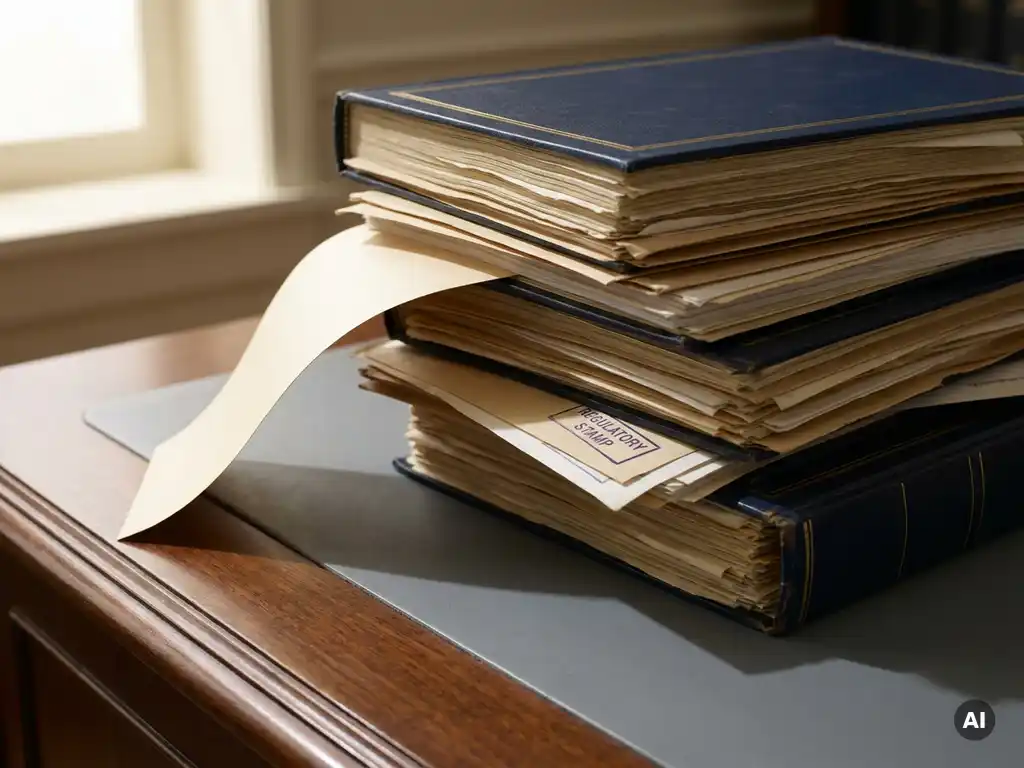 Stapel financiële participatiedossiers op een zakelijk bureau, met een losliggend document en officieel regelgevingsstempel.