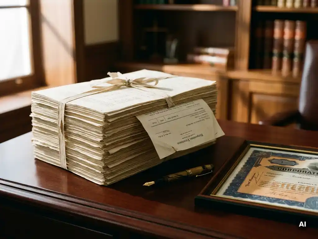 Stapel officiële financiële documenten met een verkeerd geplaatste pagina, naast een vulpen en aandeelcertificaat op een mahonie bureau.
