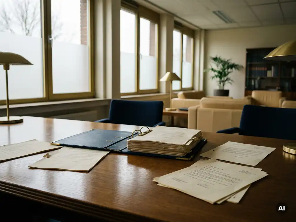 Open juridische map op eikenhouten bureau met verspreide financiële documenten met ontbrekende handtekeningregels in een Nederlands kantoor.