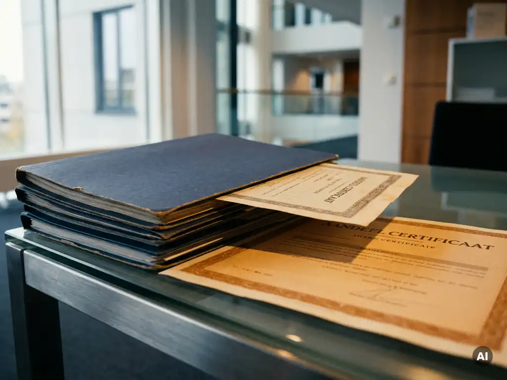 Personeelsdossier dat verschuift uit een stapel op een glazen bureau, met een zichtbaar scheef document boven een aandelencertificaat.