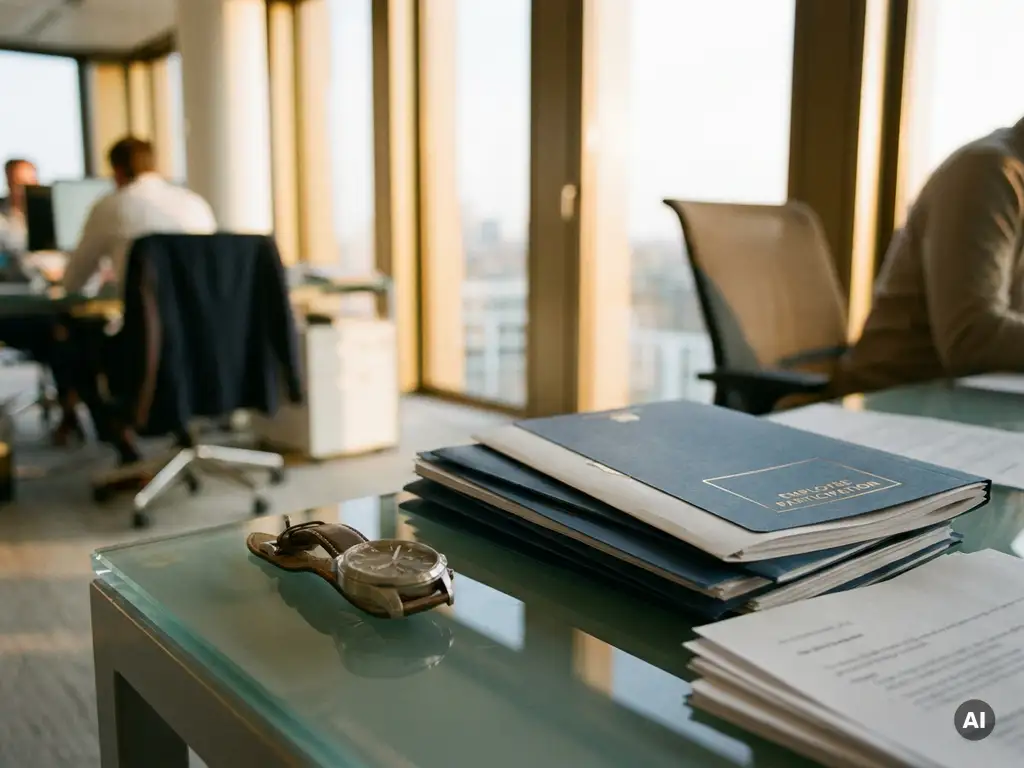 Geordende personeelsdossiers op glazen bureau met sierlijk horloge op de voorgrond, warm middaglicht in modern Amsterdams kantoor.