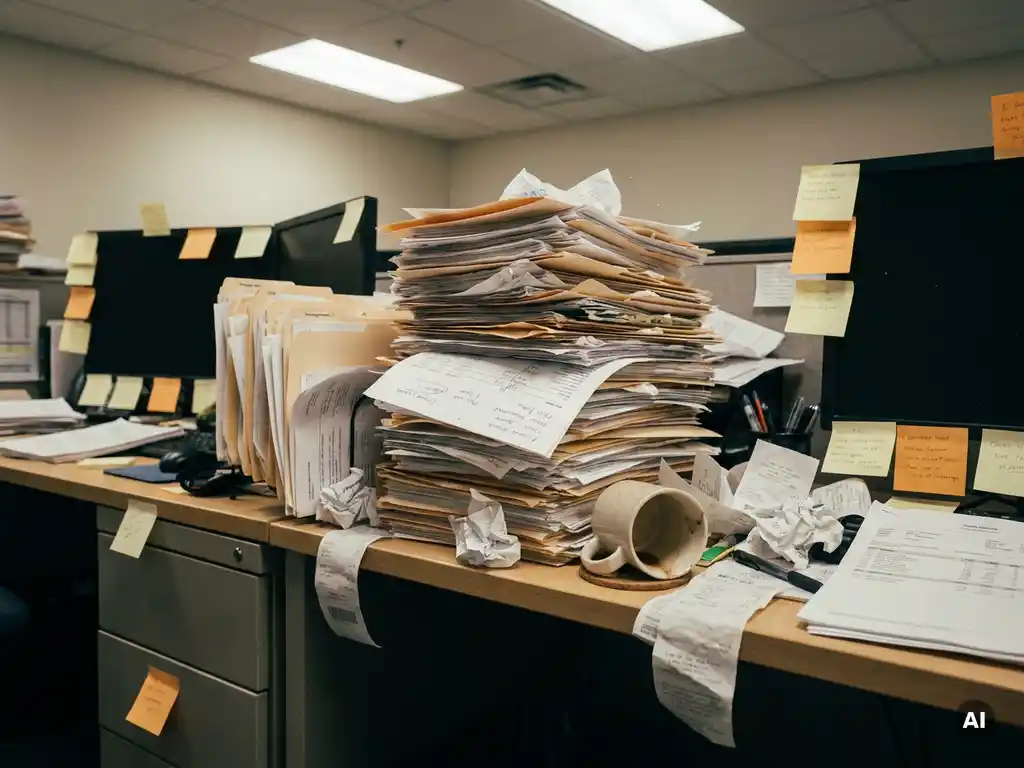 Overvolle stapel manila mappen met losse financiële documenten op een rommelig kantoorbureau, sticky notes en een kantelde koffiekop.