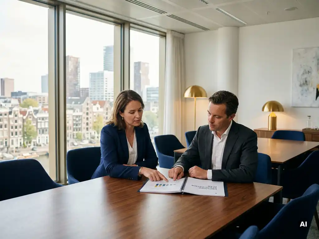 Financieel adviseur en directeur bespreken personeelsparticipatiedocument aan vergadertafel in modern Nederlands kantoor met stadsgezicht.