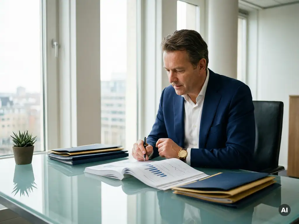CFO bestudeert werknemersparticipatiedocument aan glazen bureau in modern Nederlands kantoor met daglicht.