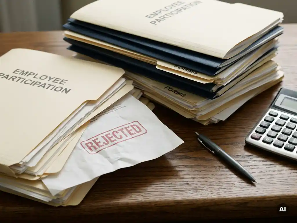 Stapel personeelsdocumenten op donker eiken bureau met afgewezen formulier, rode stempel, rekenmachine en pen in zacht kantoorlicht.