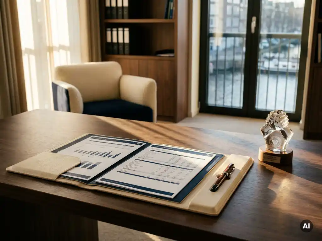 Opengevouwen map met financiële documenten op een opgeruimd bureau, vulpen en glazen trofee in warm gouden licht.