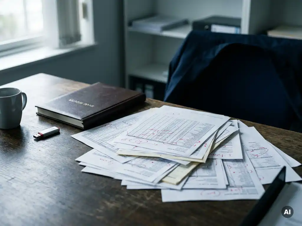Gedrukte Excel-spreadsheets met rode correctiemarkering naast een leren aandeelhoudersregister en USB-stick op een donker eiken bureau.