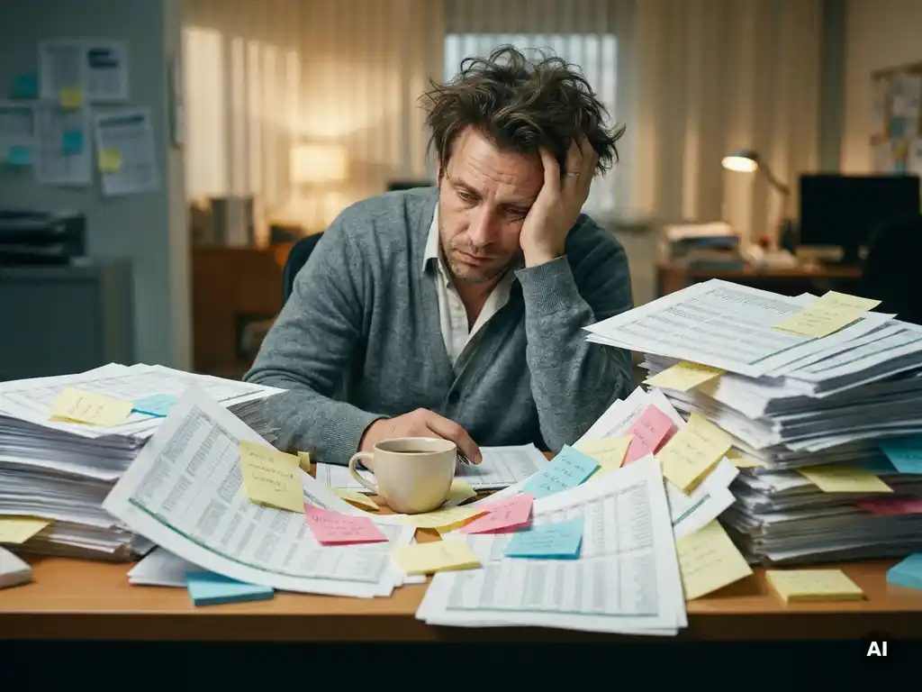 Overweldigde financieel administrateur aan rommelig bureau met torenhoge stapels uitgeprinte Excel-spreadsheets en overal plakbriefjes.