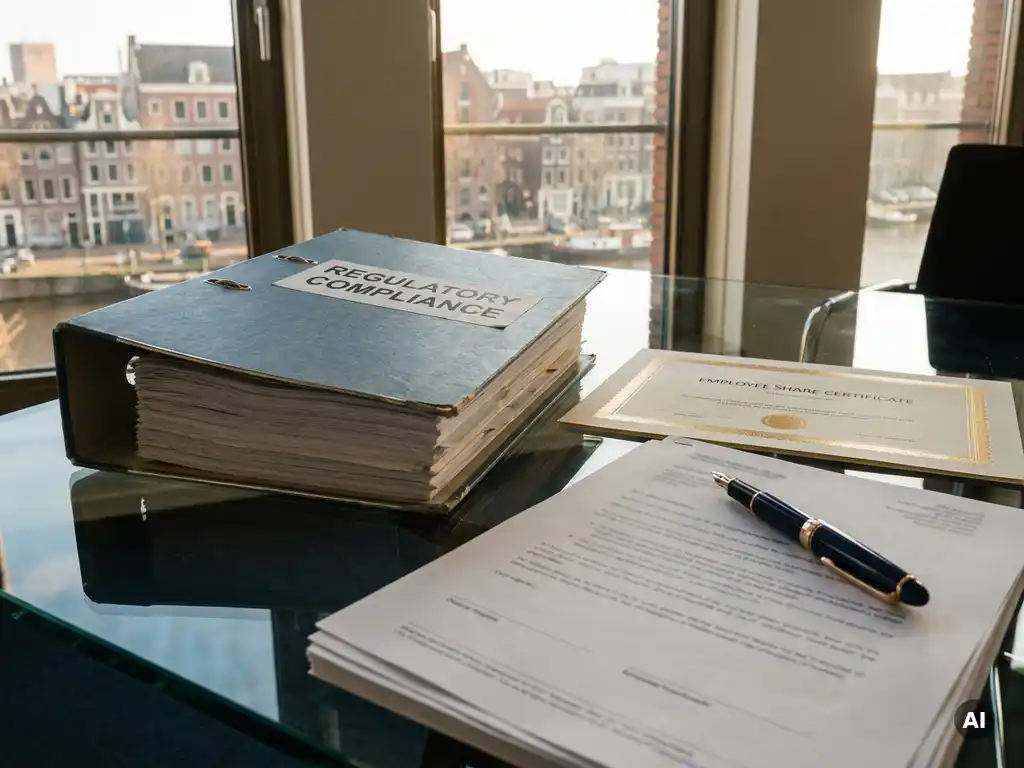 Opengeslagen compliance-reglement naast een aandelencertificaat en vulpen op glazen bureau in modern Amsterdams financieel kantoor.