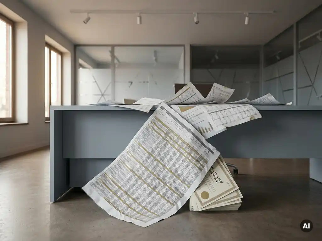Verfrommeld Excel-spreadsheet op kantoorbureau met verspreide financiële documenten en aandeelcertificaten voor medewerkers.
